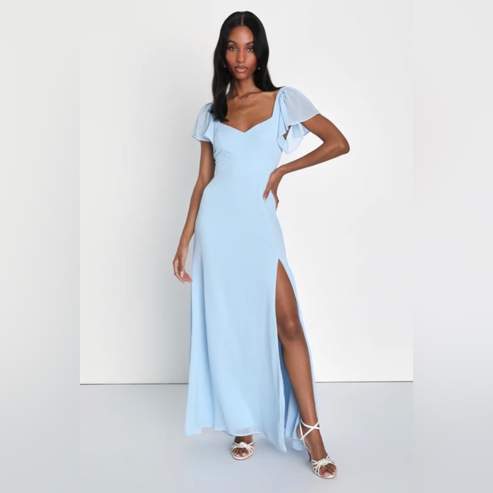 NWT Lulu’s Simply Delightful Light Blue Tie-Back Flutter Sleeve Maxi Dress